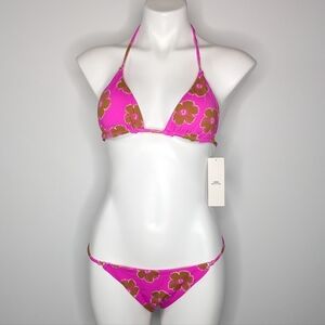 NWT Urban Outfitters Zoey Out From Under Pink Brown Floral String Bikini M/L